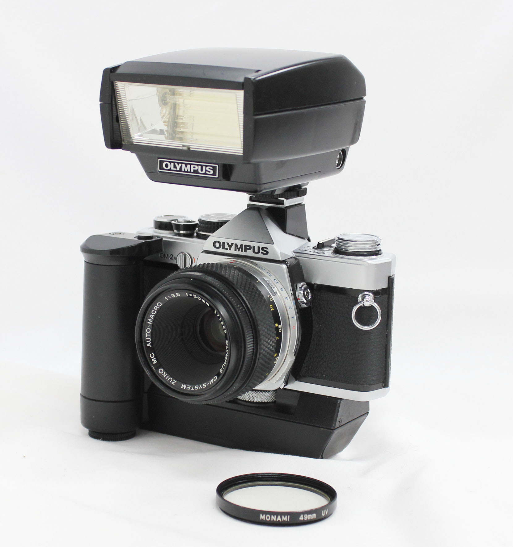 Olympus OM-2N 35mm SLR Film Camera with Macro 50mm F/3.5 Lens, Winder & Flash from Japan