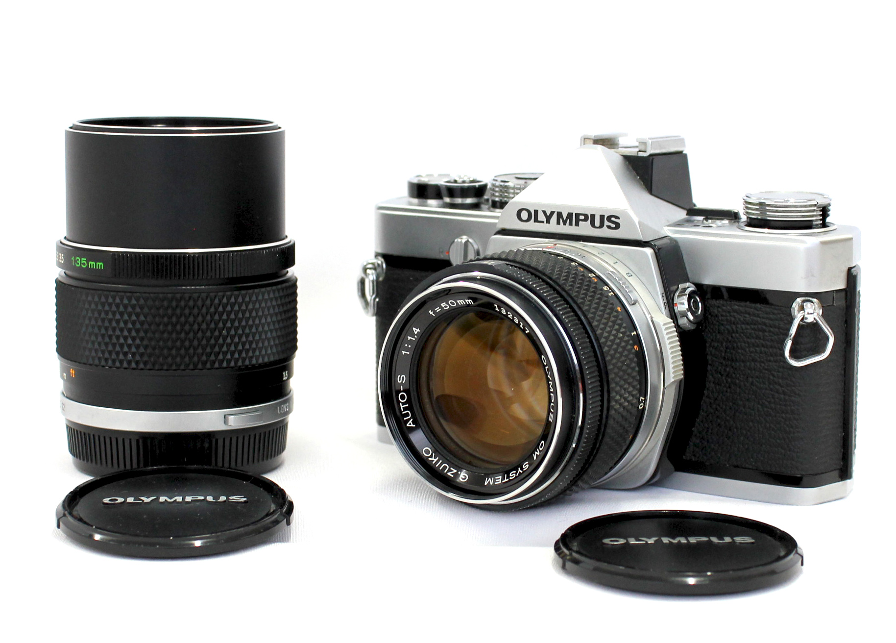 Japan Used Camera Shop | Olympus M-1 SLR Film Camera with G.Zuiko Auto-S 50mm F/1.4 & E.Zuiko Auto-T 135mm F/3.5 from Japan