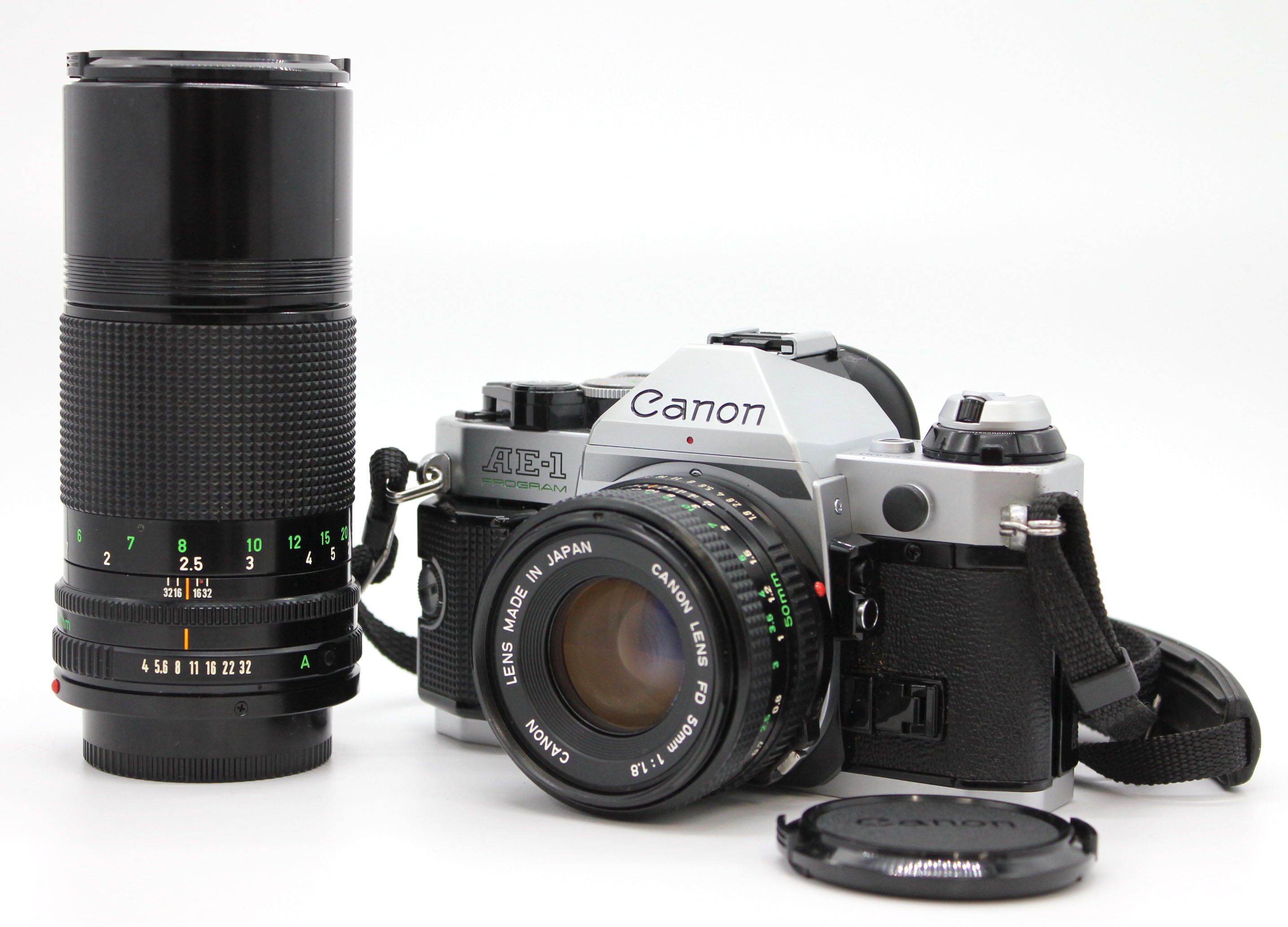 Japan Used Camera Shop | Canon AE-1 Program SLR Camera w/ New FD 50mm F/1.8 & 200mm F/4 Lens from Japan